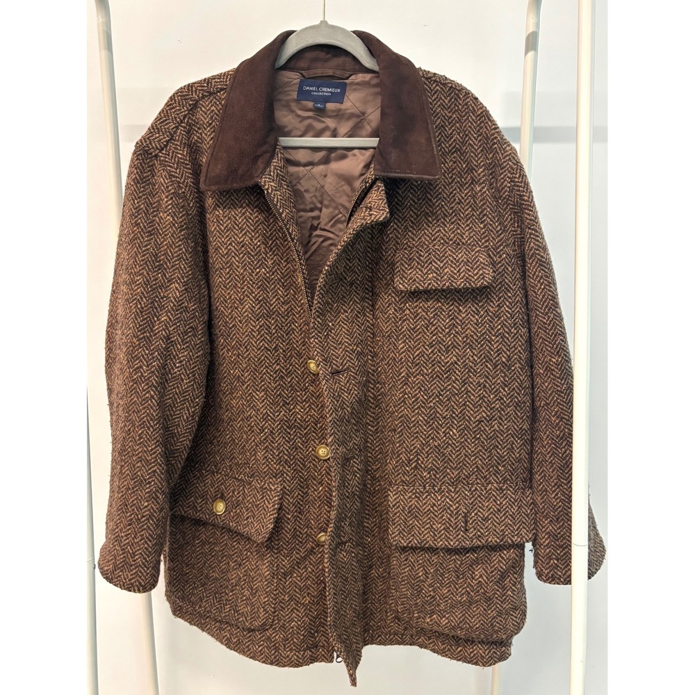 Daniel Cremieux Collection Mens Brown Herringbone Tweed Field Jacket Large L